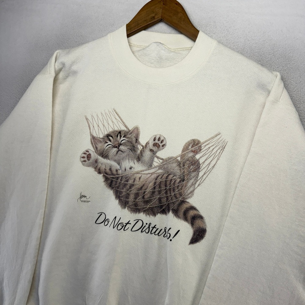 Vintage Cat Sweatshirt Women's Medium Beige Crewneck Graphic Do Not Disturb 90s